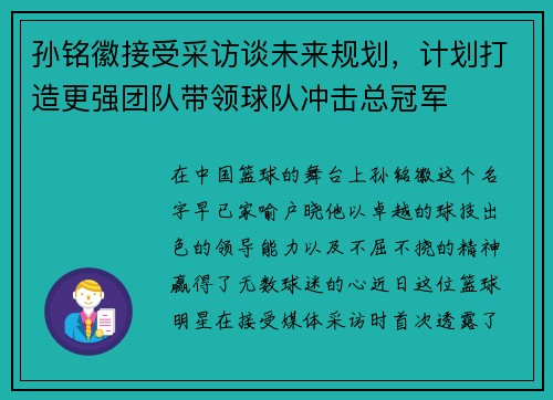 孙铭徽接受采访谈未来规划，计划打造更强团队带领球队冲击总冠军