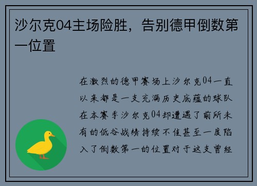 沙尔克04主场险胜，告别德甲倒数第一位置